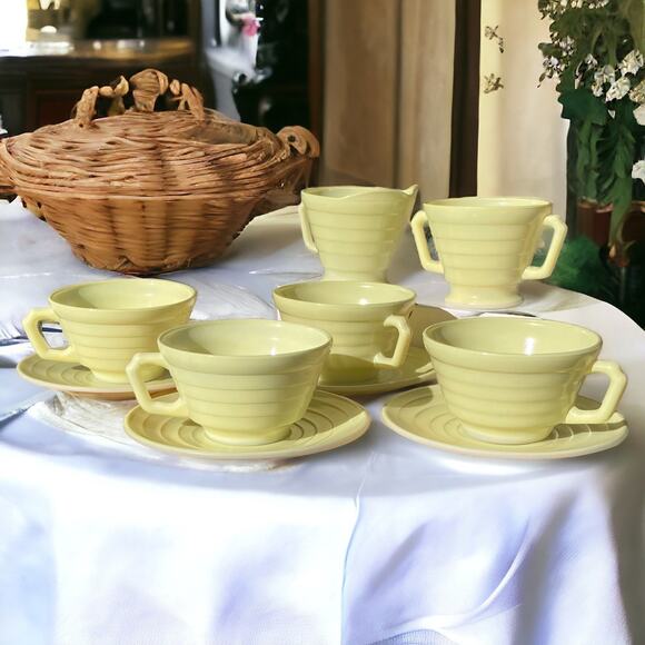 Hazel Atlas mid century Modern stone 4 cups/sausers a Sugar Bowl and Creamer - Picture 1 of 12